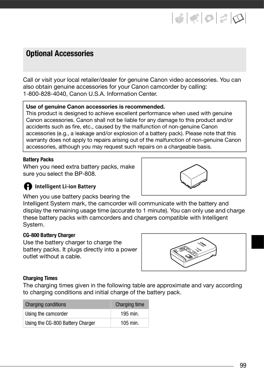 Cannon FS10/FS11/FS100 Optional Accessories, Use of genuine Canon accessories is recommended, Battery Packs 