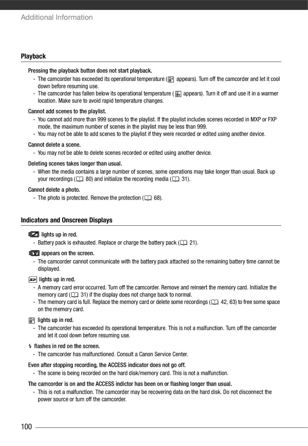 Cannon HG20 instruction manual 100, Playback, Indicators and Onscreen Displays 