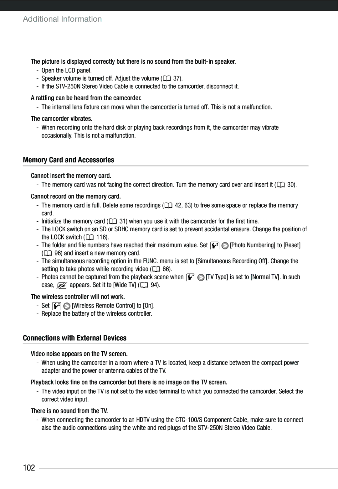 Cannon HG20 instruction manual 102, Memory Card and Accessories, Connections with External Devices 