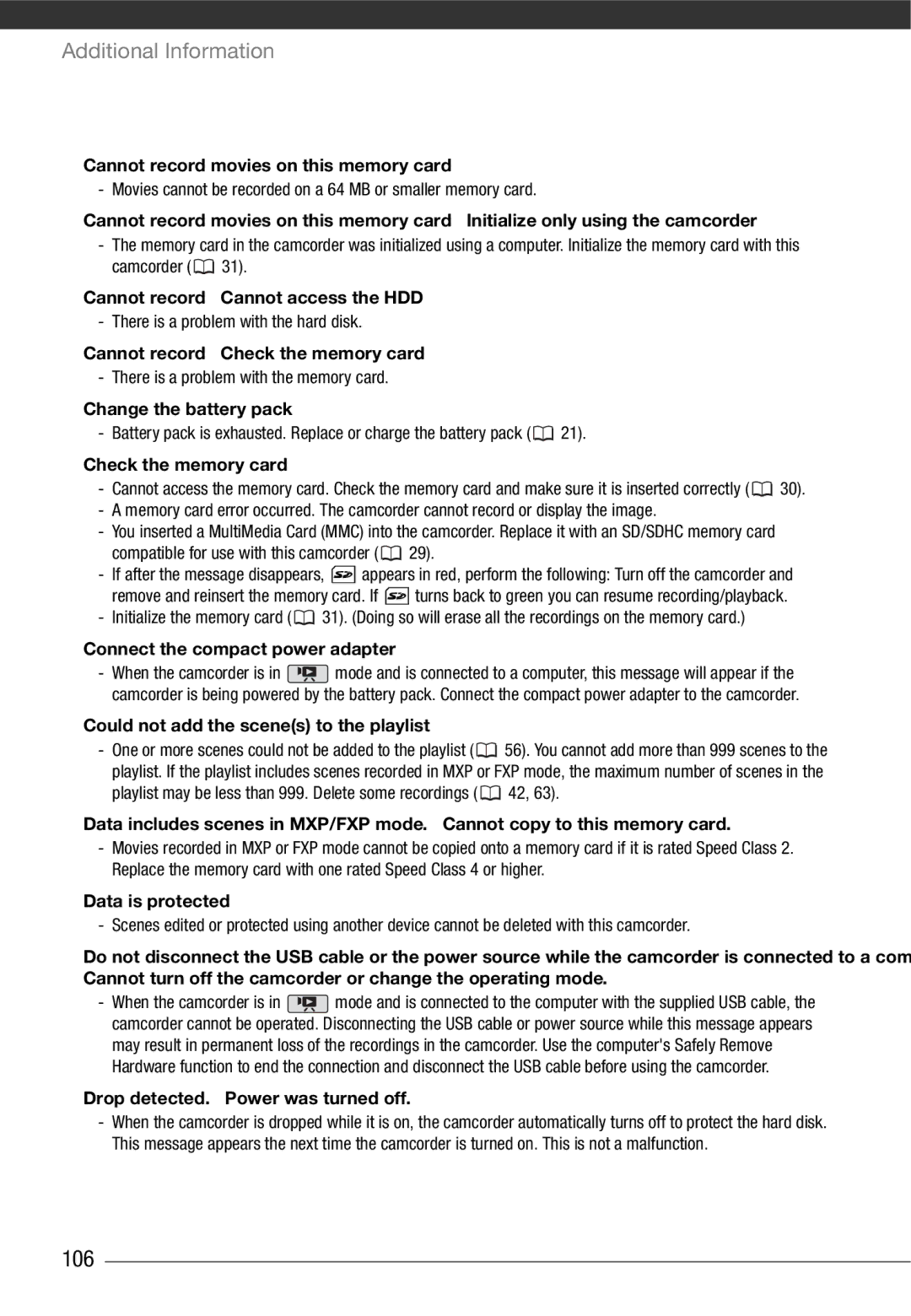 Cannon HG20 instruction manual 106, Could not add the scenes to the playlist 