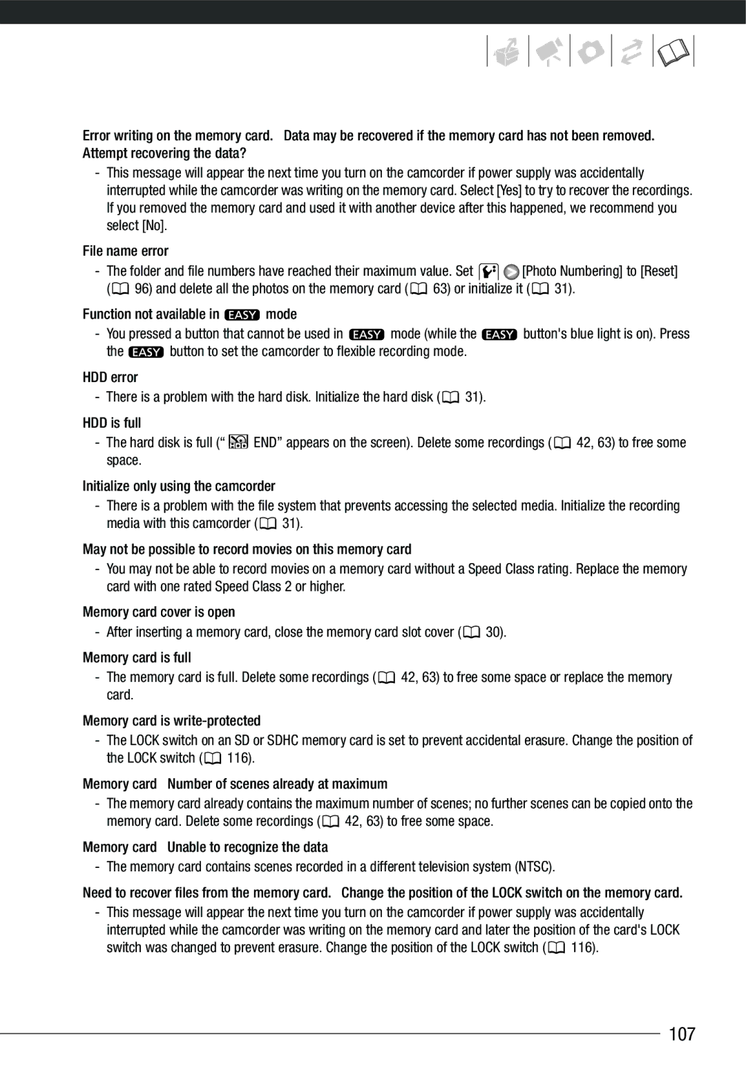 Cannon HG20 instruction manual 107, Function not available in mode 