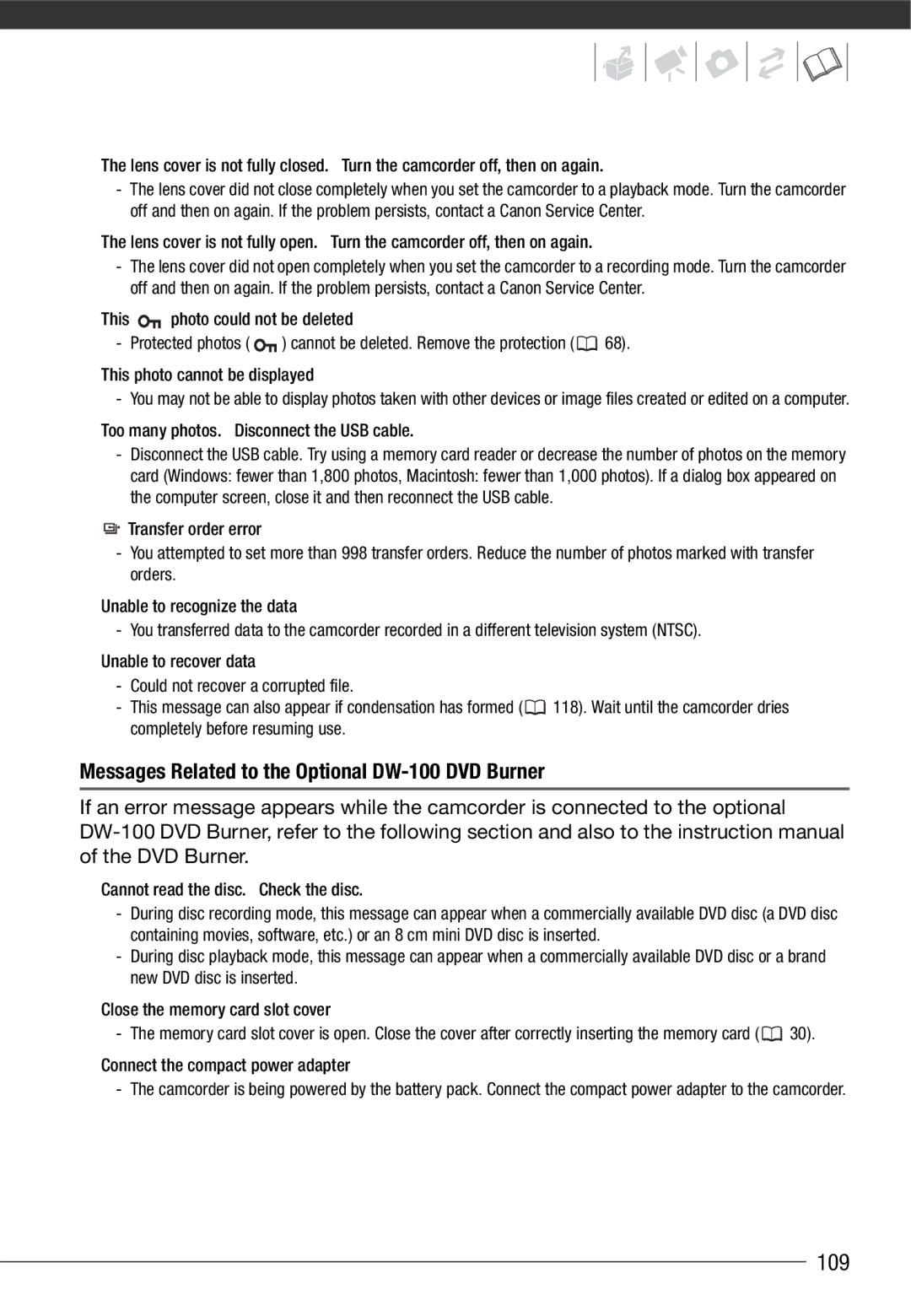 Cannon HG20 instruction manual 109, Messages Related to the Optional DW-100 DVD Burner 