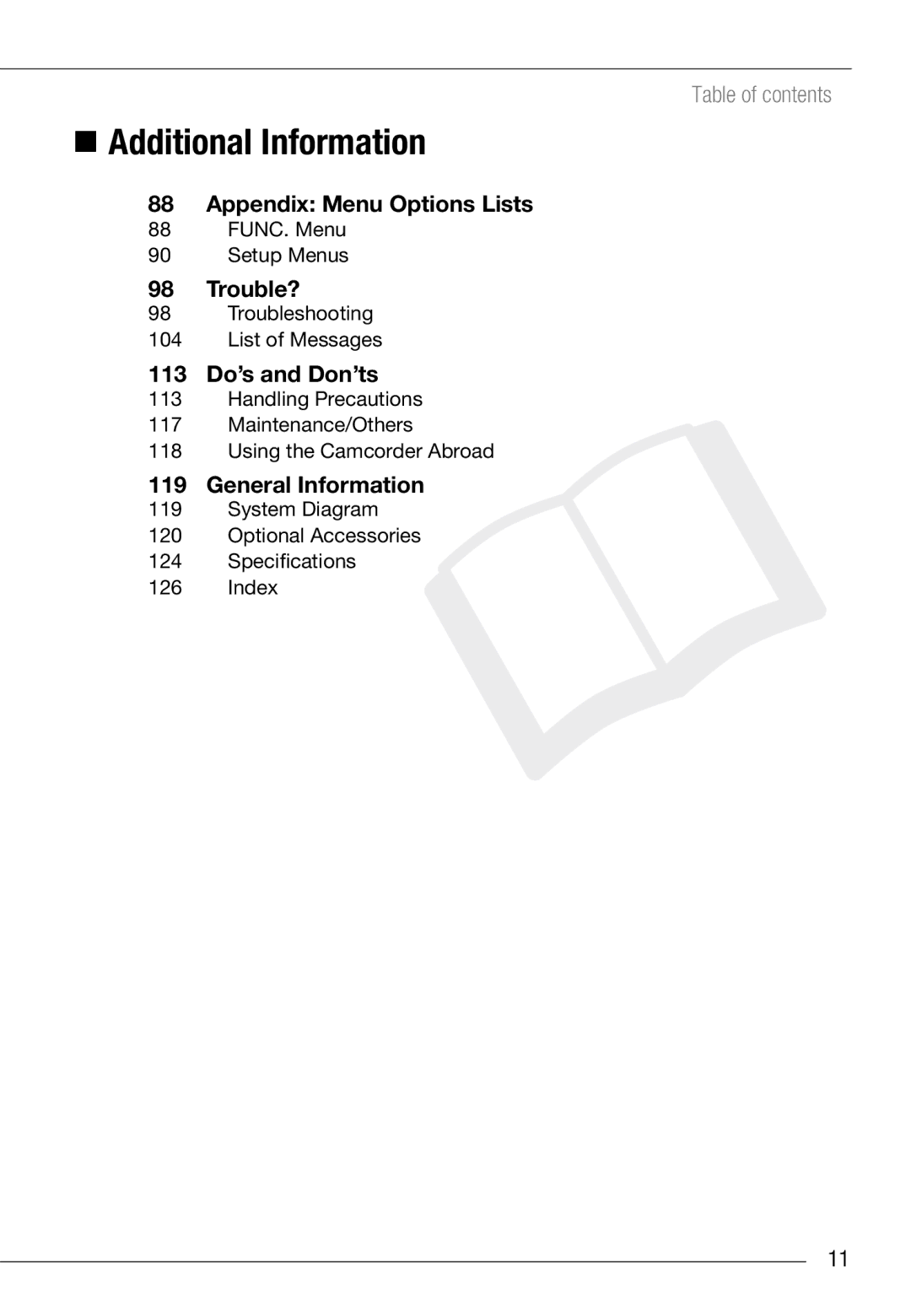 Cannon HG20 instruction manual Appendix Menu Options Lists, Trouble?, 113 Do’s and Don’ts, General Information 