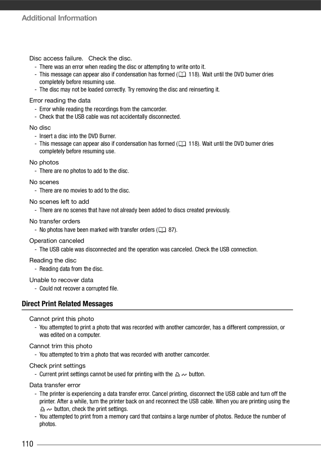 Cannon HG20 instruction manual 110, Direct Print Related Messages 