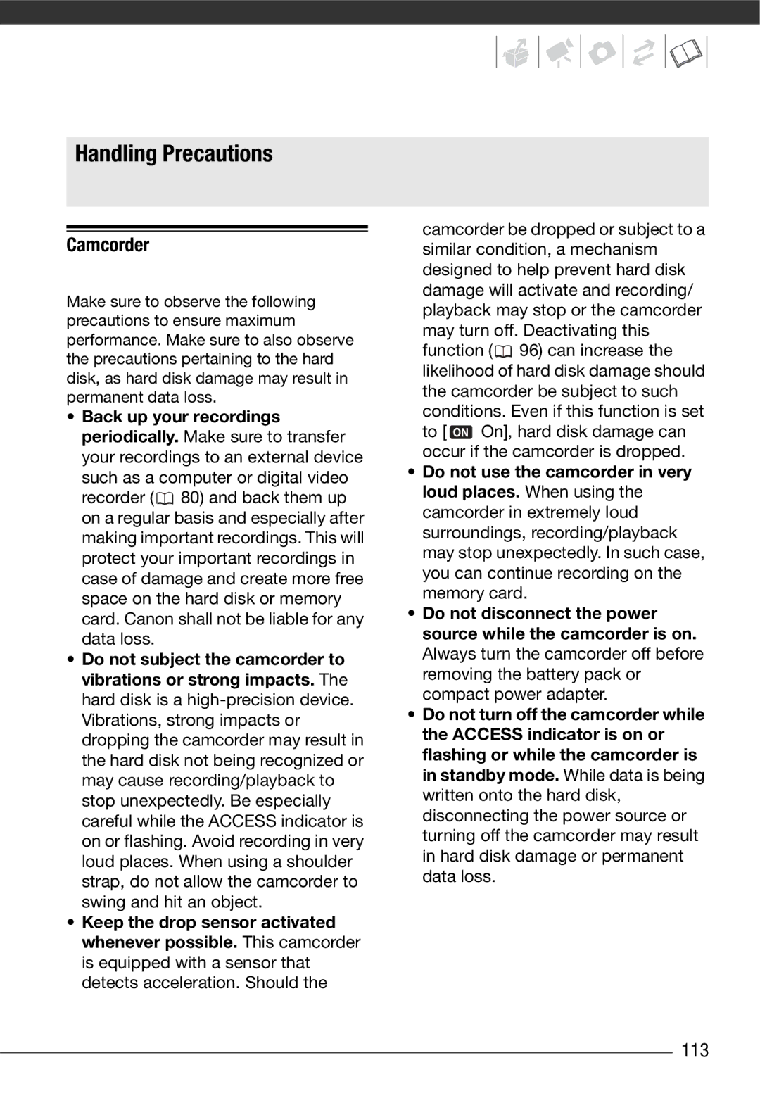 Cannon HG20 instruction manual Handling Precautions, Camcorder, 113 