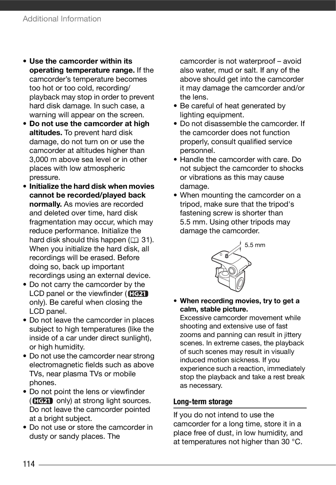 Cannon HG20 instruction manual 114, Long-term storage, When recording movies, try to get a calm, stable picture 