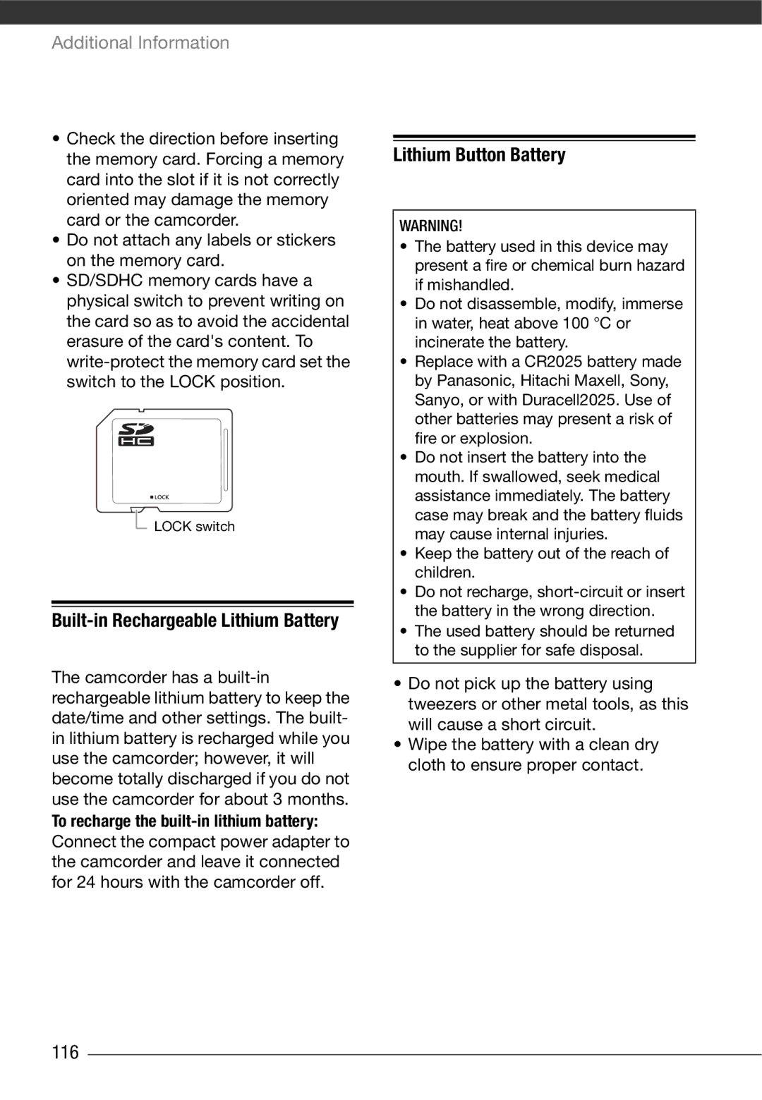 Cannon HG20 instruction manual Built-in Rechargeable Lithium Battery, Lithium Button Battery, 116 