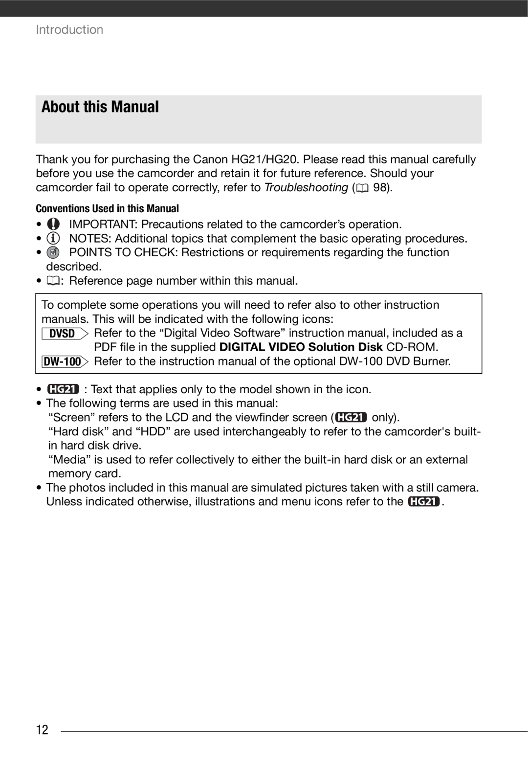 Cannon HG20 instruction manual About this Manual, Conventions Used in this Manual 