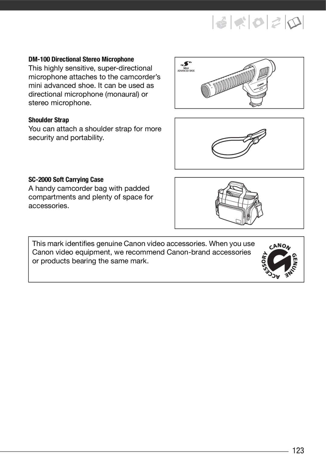 Cannon HG20 instruction manual 123, DM-100 Directional Stereo Microphone, Shoulder Strap, SC-2000 Soft Carrying Case 