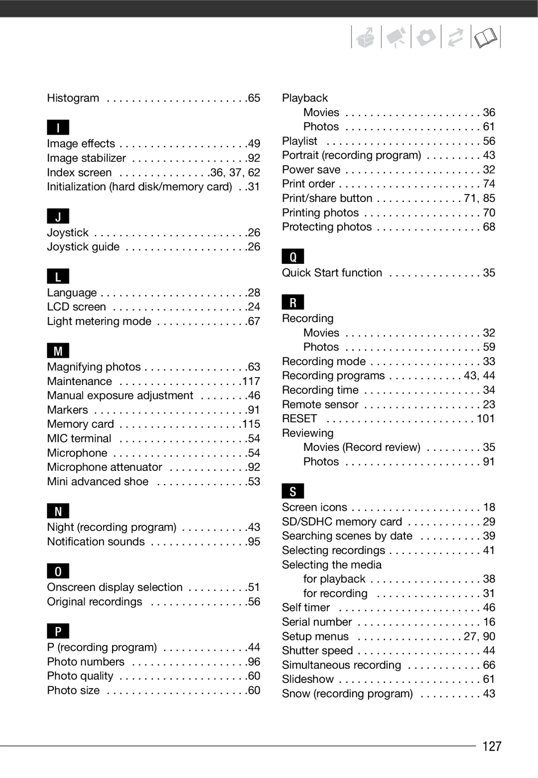 Cannon HG20 instruction manual 127, Histogram, Quick Start function Recording, Reviewing 