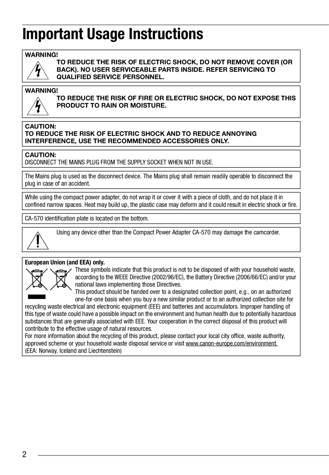 Cannon HG20 instruction manual Important Usage Instructions 