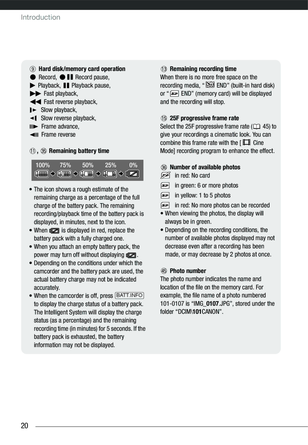 Cannon HG20 Hard disk/memory card operation, Remaining battery time, Remaining recording time, 25F progressive frame rate 