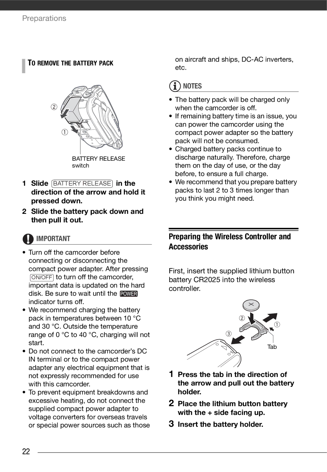 Cannon HG20 instruction manual Preparing the Wireless Controller and Accessories, Insert the battery holder 