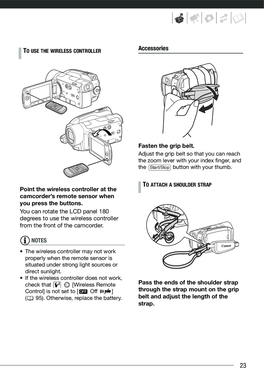 Cannon HG20 instruction manual Accessories, Fasten the grip belt 