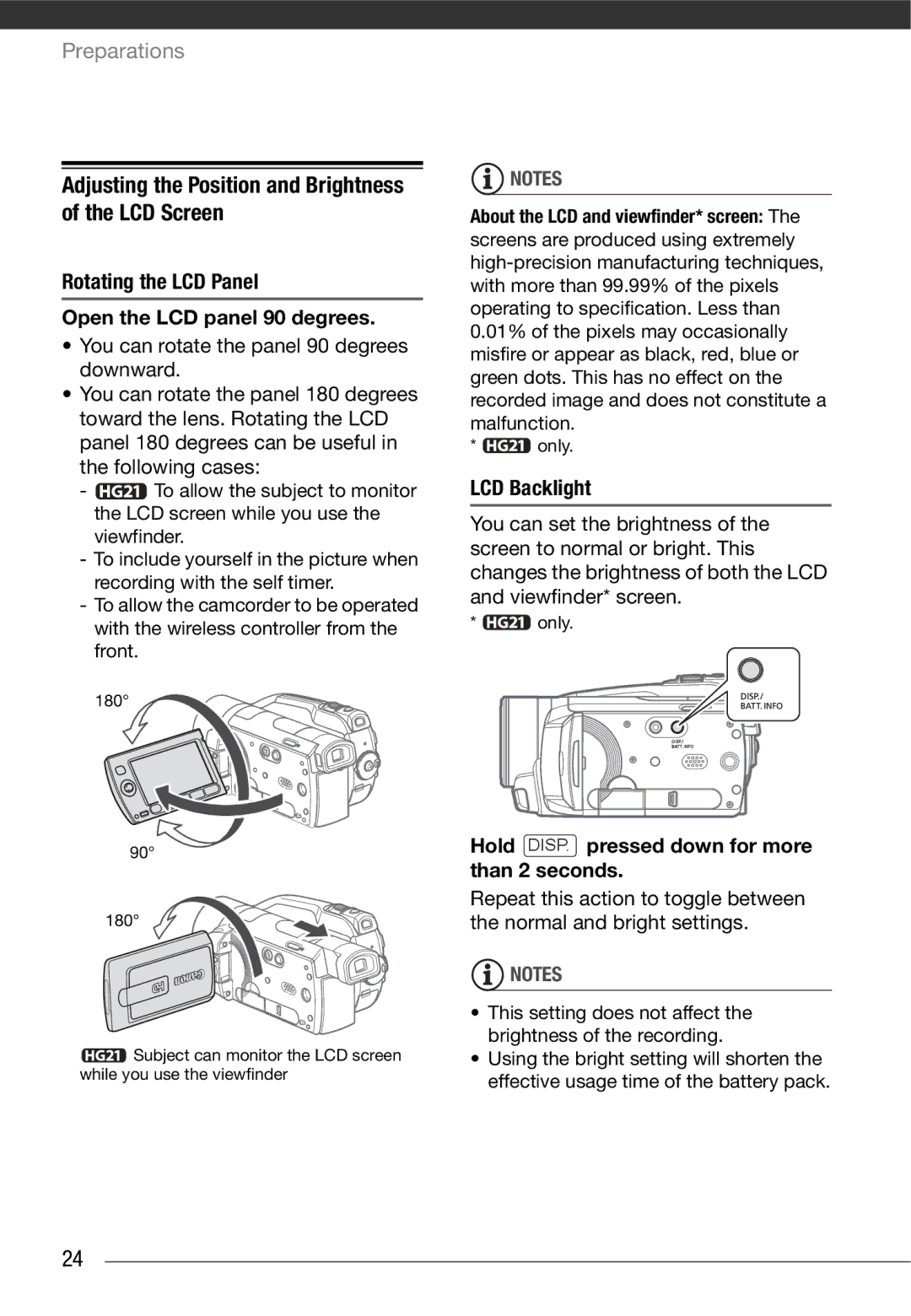 Cannon HG20 Adjusting the Position and Brightness of the LCD Screen, Rotating the LCD Panel Open the LCD panel 90 degrees 