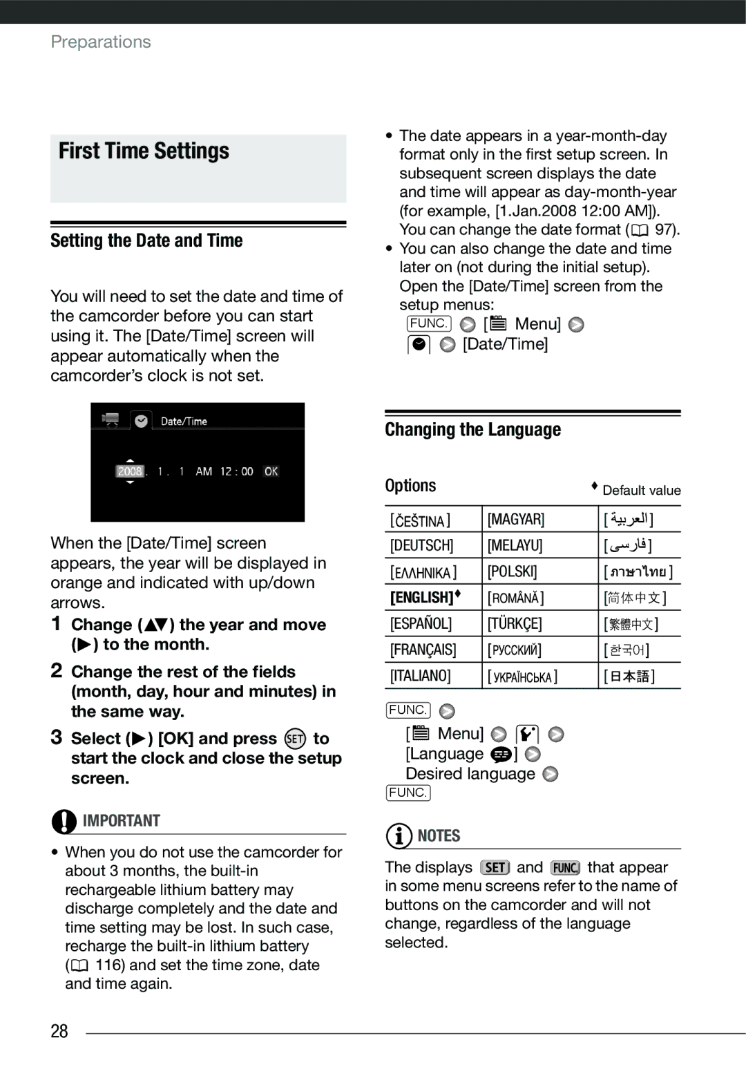 Cannon HG20 First Time Settings, Setting the Date and Time, Changing the Language, Menu Language Desired language 