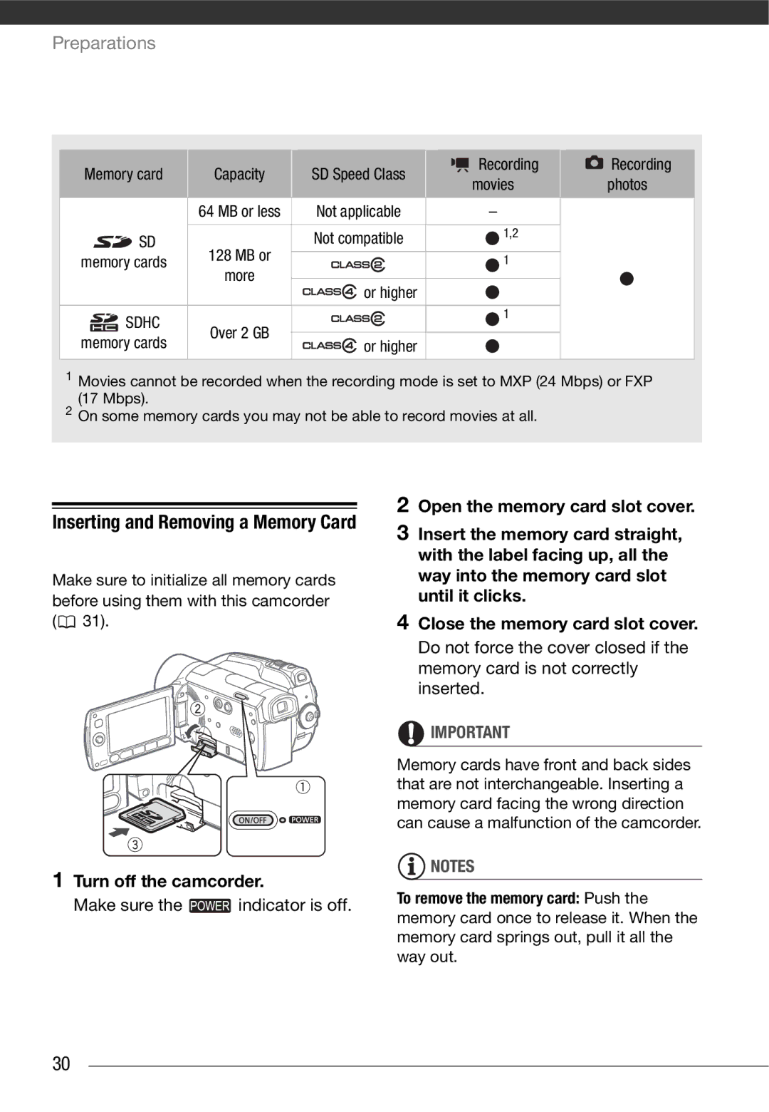 Cannon HG20 instruction manual Turn off the camcorder, Make sure the indicator is off, Open the memory card slot cover 