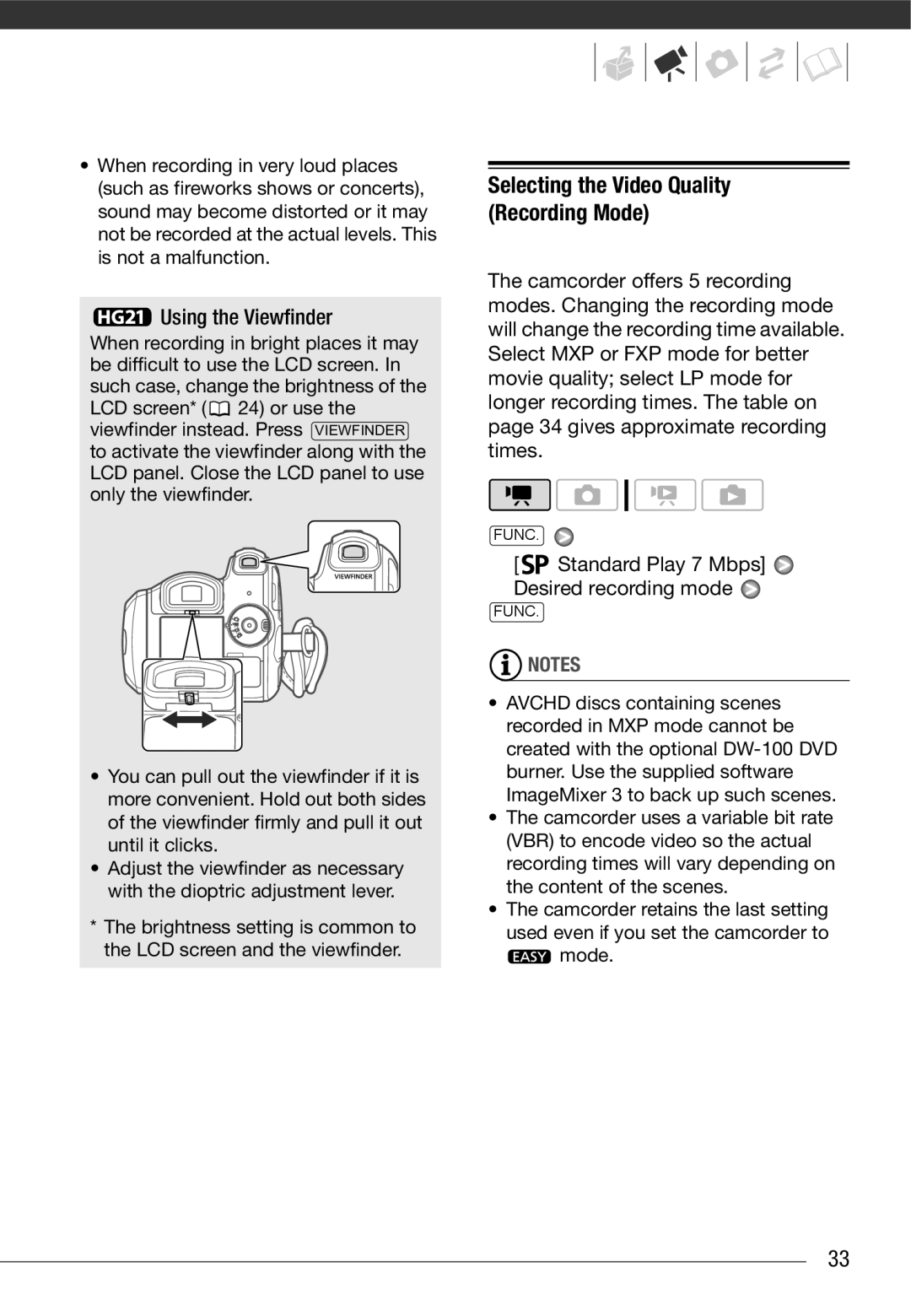 Cannon HG20 Using the Viewfinder, Standard Play 7 Mbps Desired recording mode, Selecting the Video Quality Recording Mode 