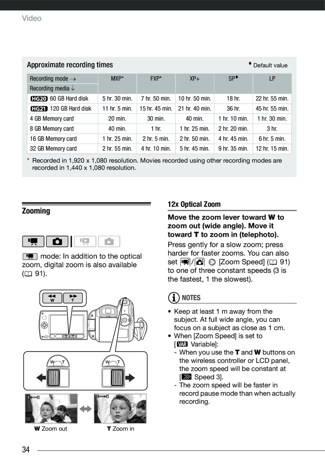 Cannon HG20 instruction manual Zooming, Approximate recording times, 12x Optical Zoom 