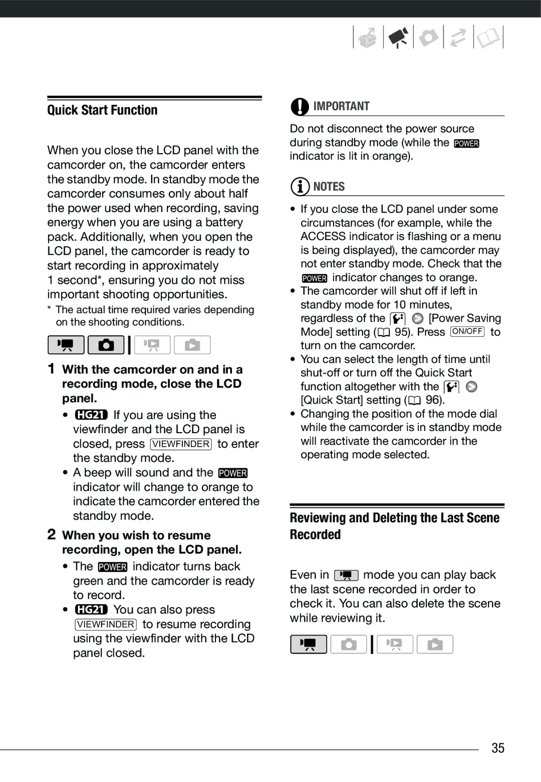 Cannon HG20 instruction manual Quick Start Function, Reviewing and Deleting the Last Scene Recorded 