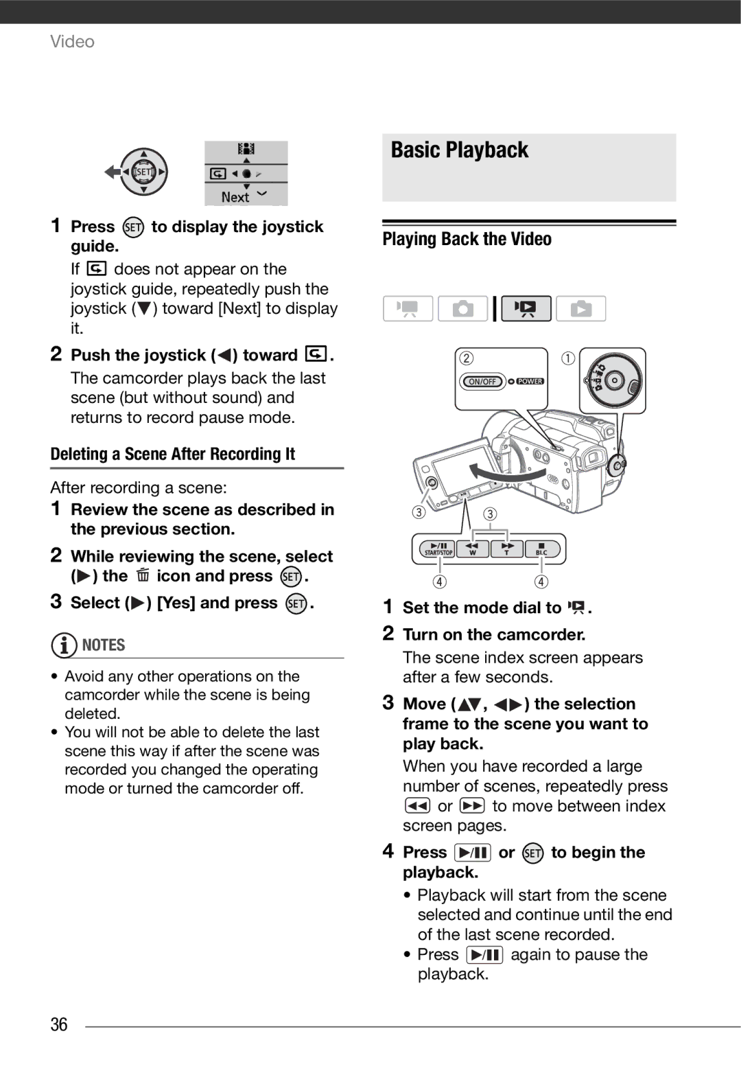 Cannon HG20 Basic Playback, Playing Back the Video, Press to display the joystick guide, Press / or to begin the playback 