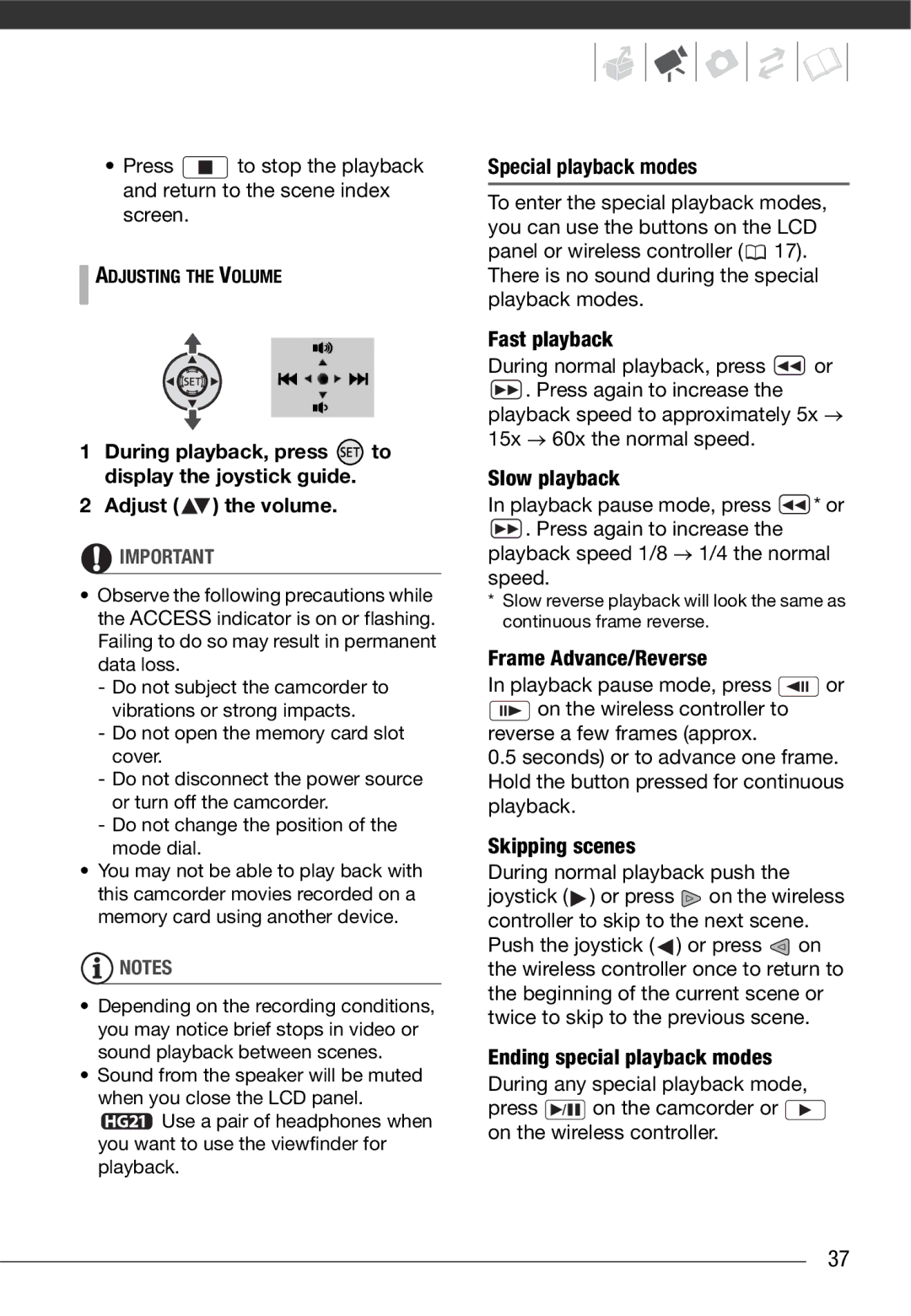 Cannon HG20 Adjust the volume, Special playback modes, During playback, press to display the joystick guide 