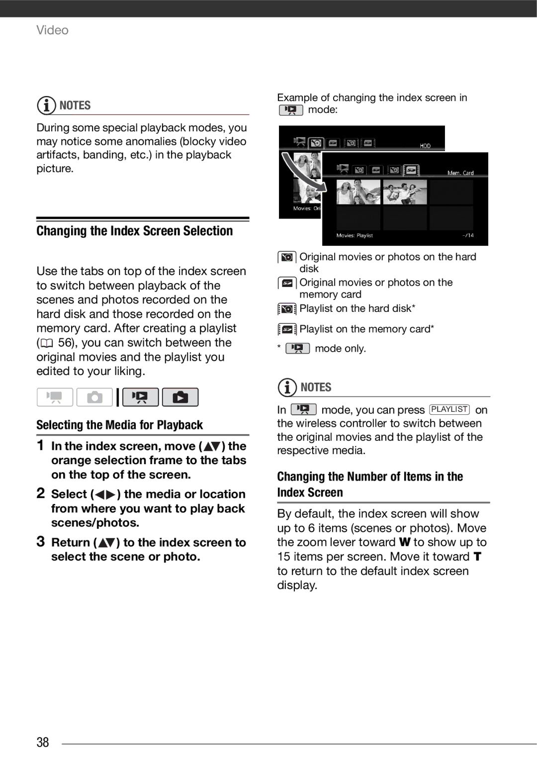 Cannon HG20 instruction manual Changing the Index Screen Selection, Selecting the Media for Playback 