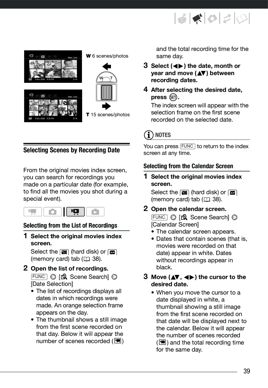 Cannon HG20 instruction manual Selecting Scenes by Recording Date, Open the list of recordings, Open the calendar screen 