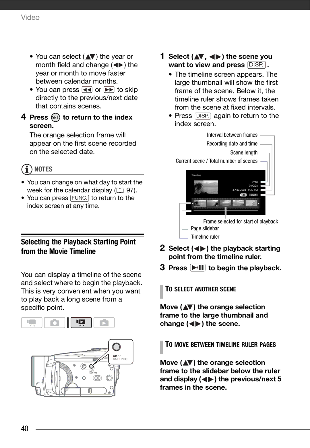 Cannon HG20 instruction manual Press to return to the index screen, Press / to begin the playback, Change the scene 