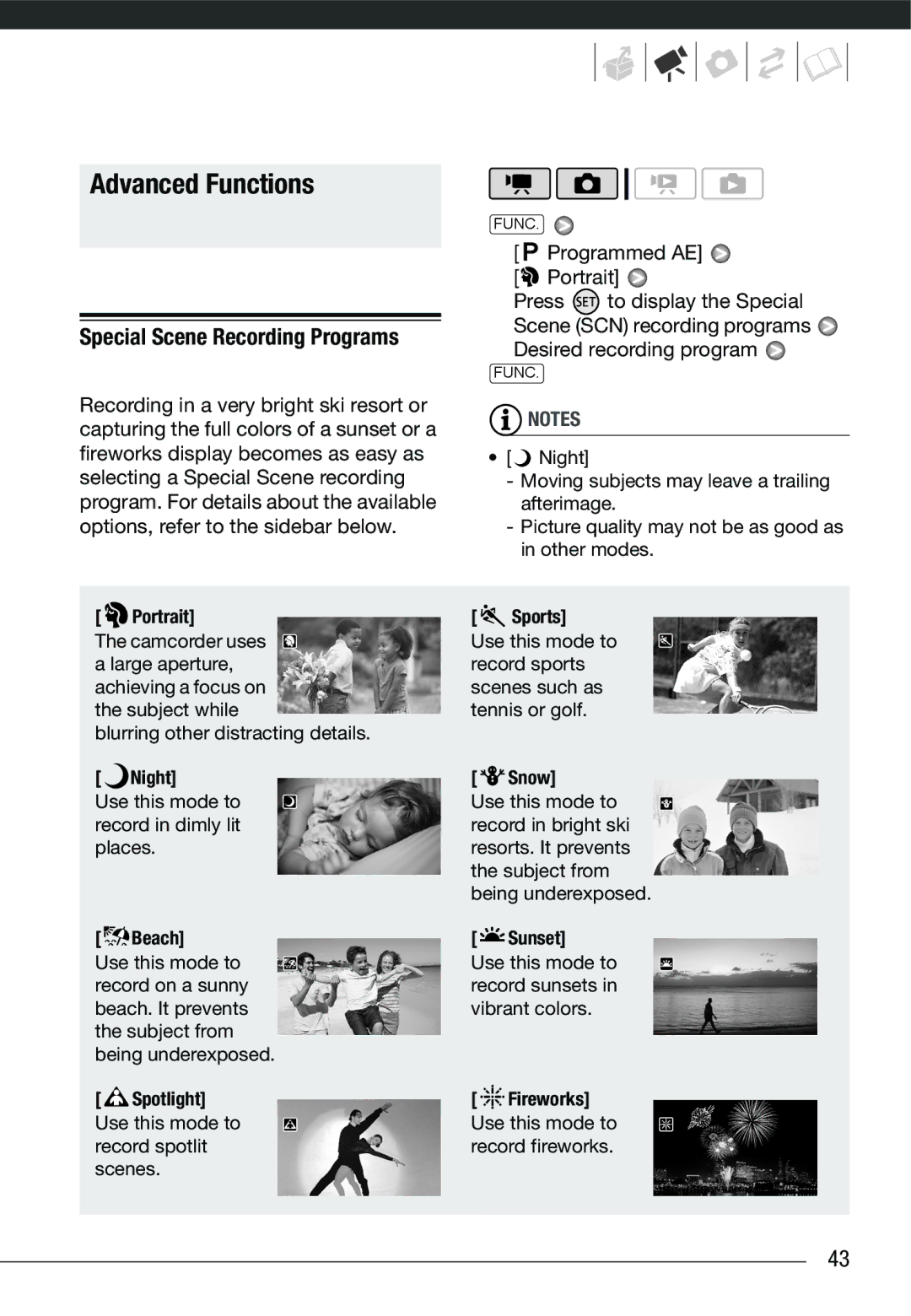 Cannon HG20 instruction manual Advanced Functions, Special Scene Recording Programs 