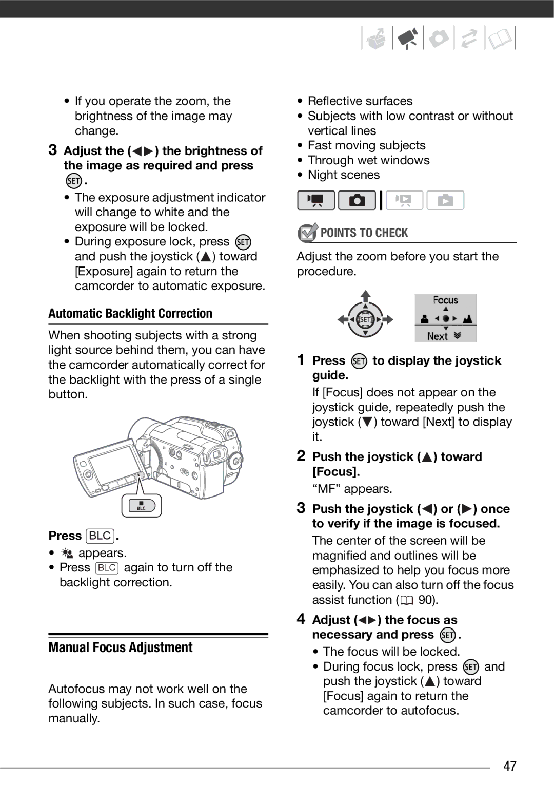 Cannon HG20 Manual Focus Adjustment, Automatic Backlight Correction, Press BLC, Push the joystick toward Focus 