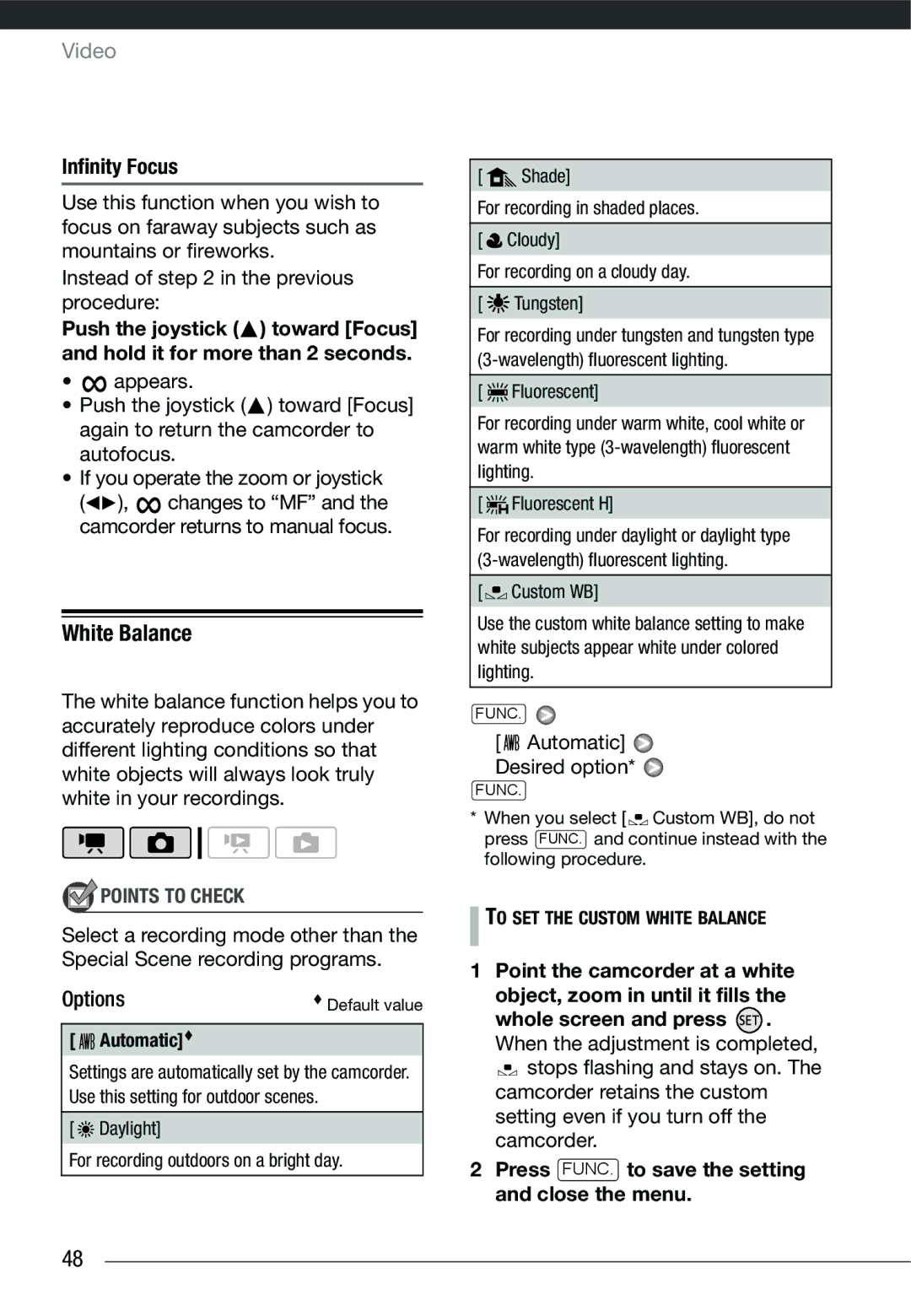 Cannon HG20 instruction manual White Balance, Infinity Focus, Automatic Desired option, Automatic 