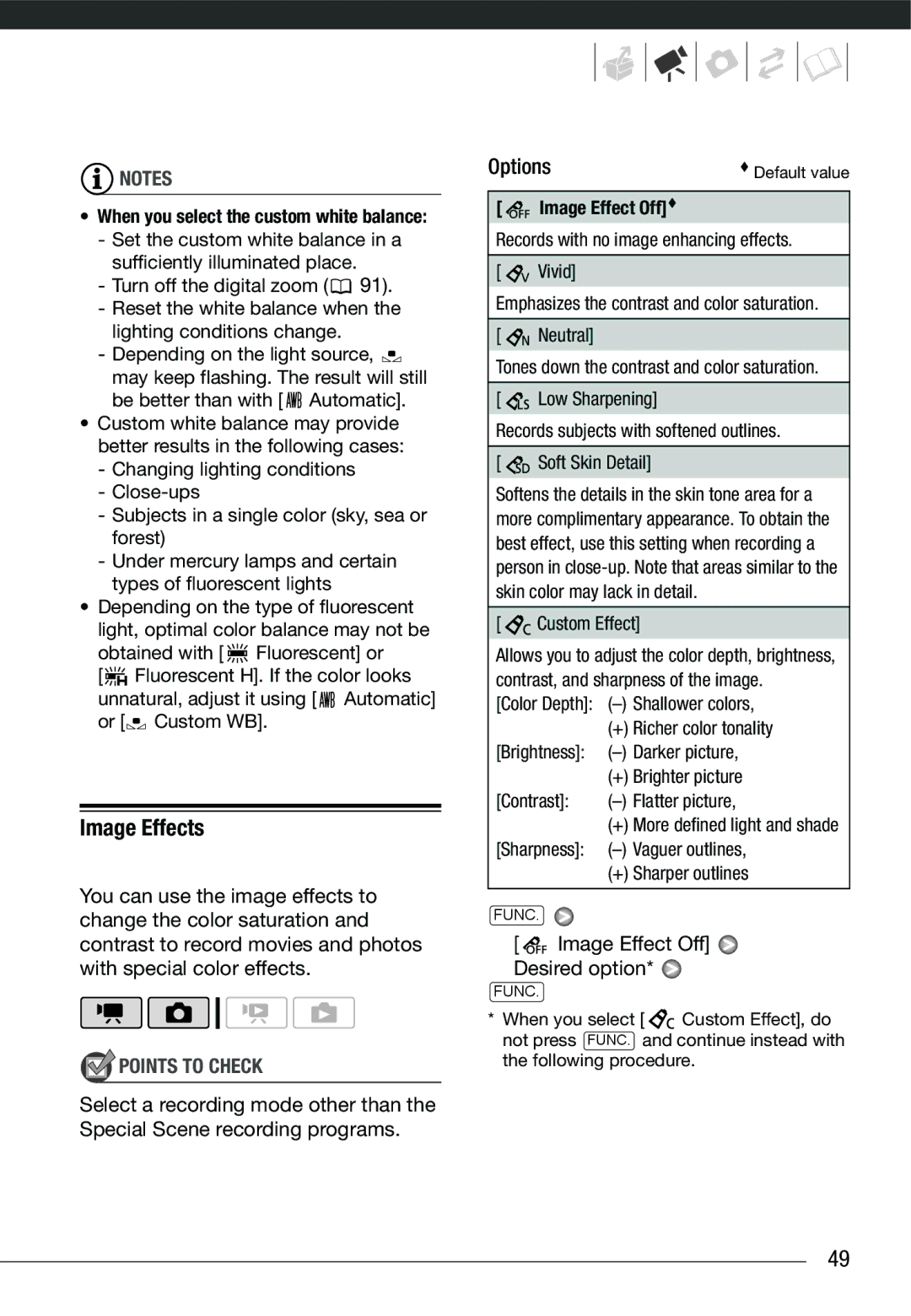 Cannon HG20 instruction manual Image Effects, Options, Image Effect Off Desired option, Image Effect Off, Custom Effect 