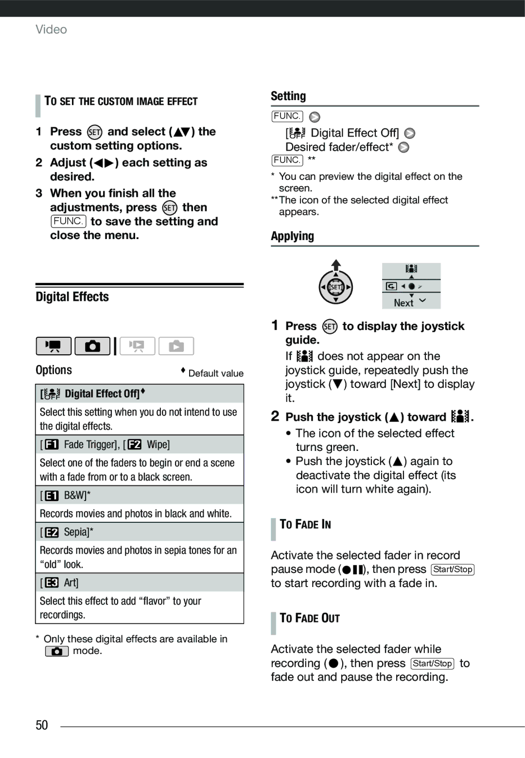 Cannon HG20 instruction manual Digital Effects, Applying, Push the joystick toward, Digital Effect Off Desired fader/effect 