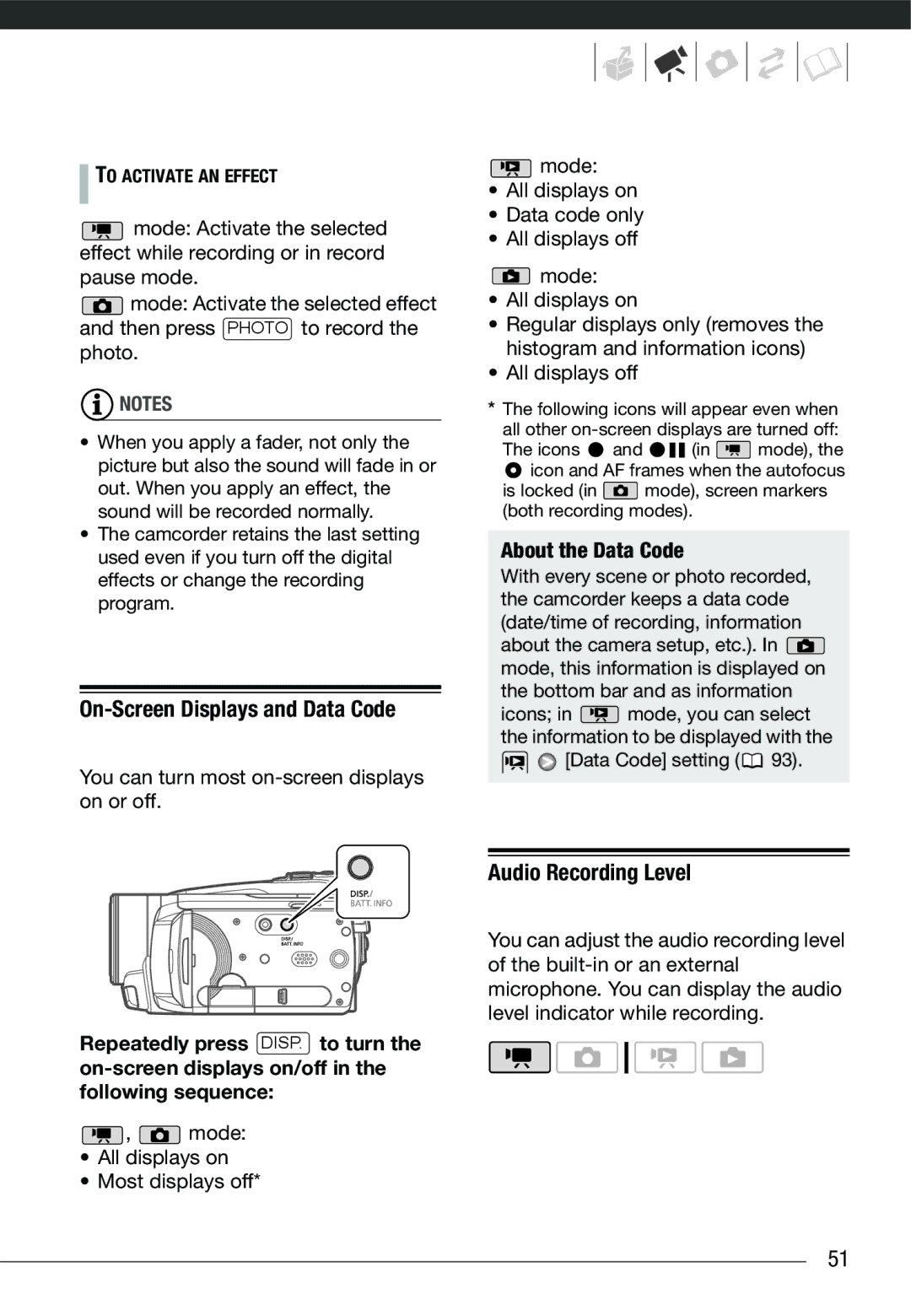 Cannon HG20 On-Screen Displays and Data Code, Audio Recording Level, About the Data Code, Data Code setting 