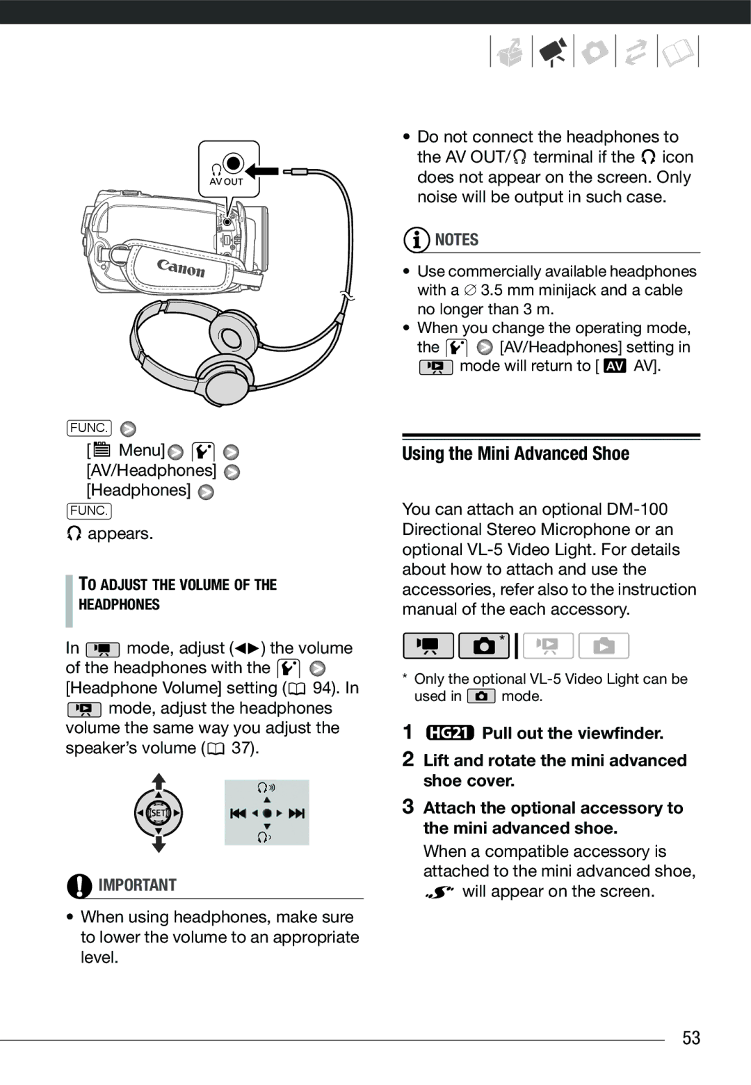 Cannon HG20 instruction manual Using the Mini Advanced Shoe, Menu AV/Headphones Headphones 