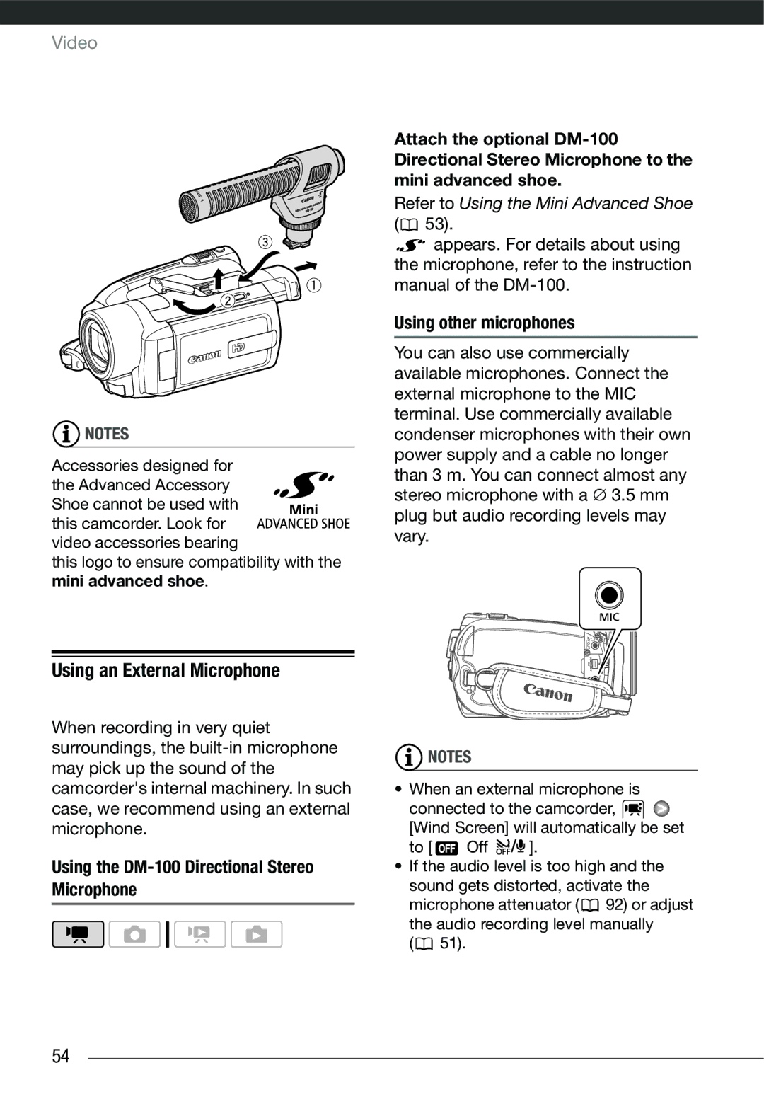 Cannon HG20 Using an External Microphone, Using other microphones, Using the DM-100 Directional Stereo Microphone, To Off 