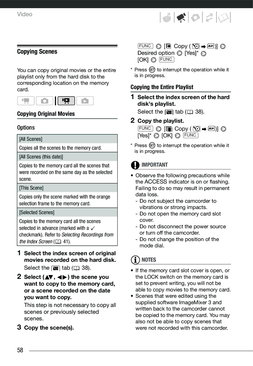 Cannon HG20 instruction manual Copying Scenes, Copying Original Movies, Copy the scenes, Copy the playlist 