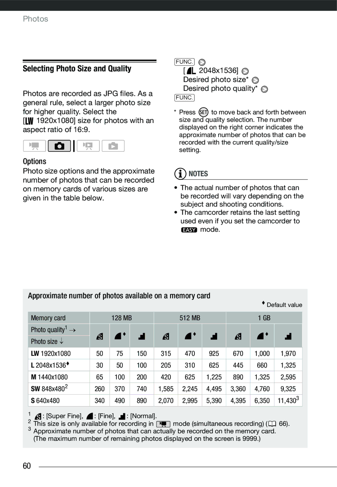 Cannon HG20 instruction manual Selecting Photo Size and Quality, 2048x1536 Desired photo size* Desired photo quality 