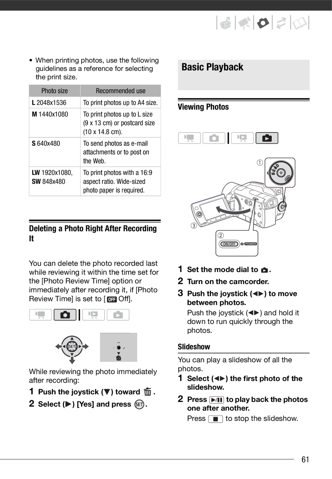 Cannon HG20 Deleting a Photo Right After Recording It, Viewing Photos, Push the joystick toward Select Yes and press 