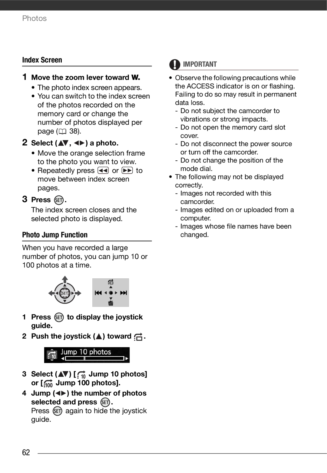 Cannon HG20 instruction manual Index Screen Move the zoom lever toward W, Select , a photo, Photo Jump Function 