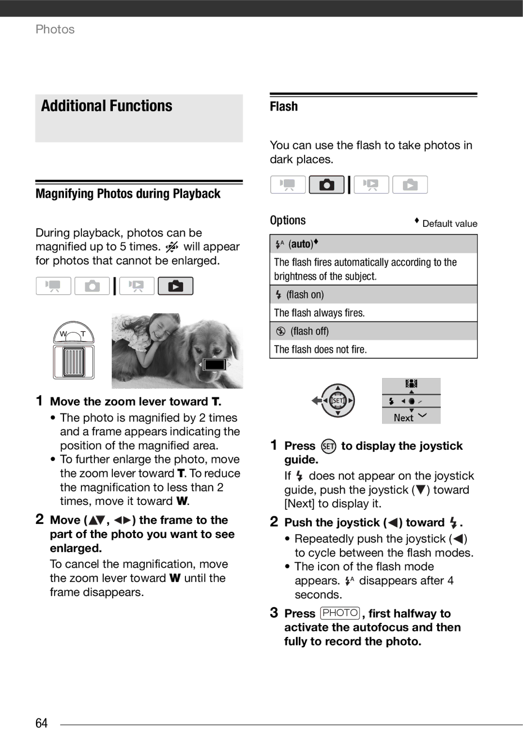 Cannon HG20 instruction manual Additional Functions, Flash, Magnifying Photos during Playback, Move the zoom lever toward T 