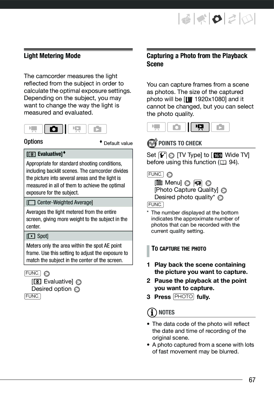 Cannon HG20 instruction manual Light Metering Mode, Capturing a Photo from the Playback Scene, Evaluative Desired option 