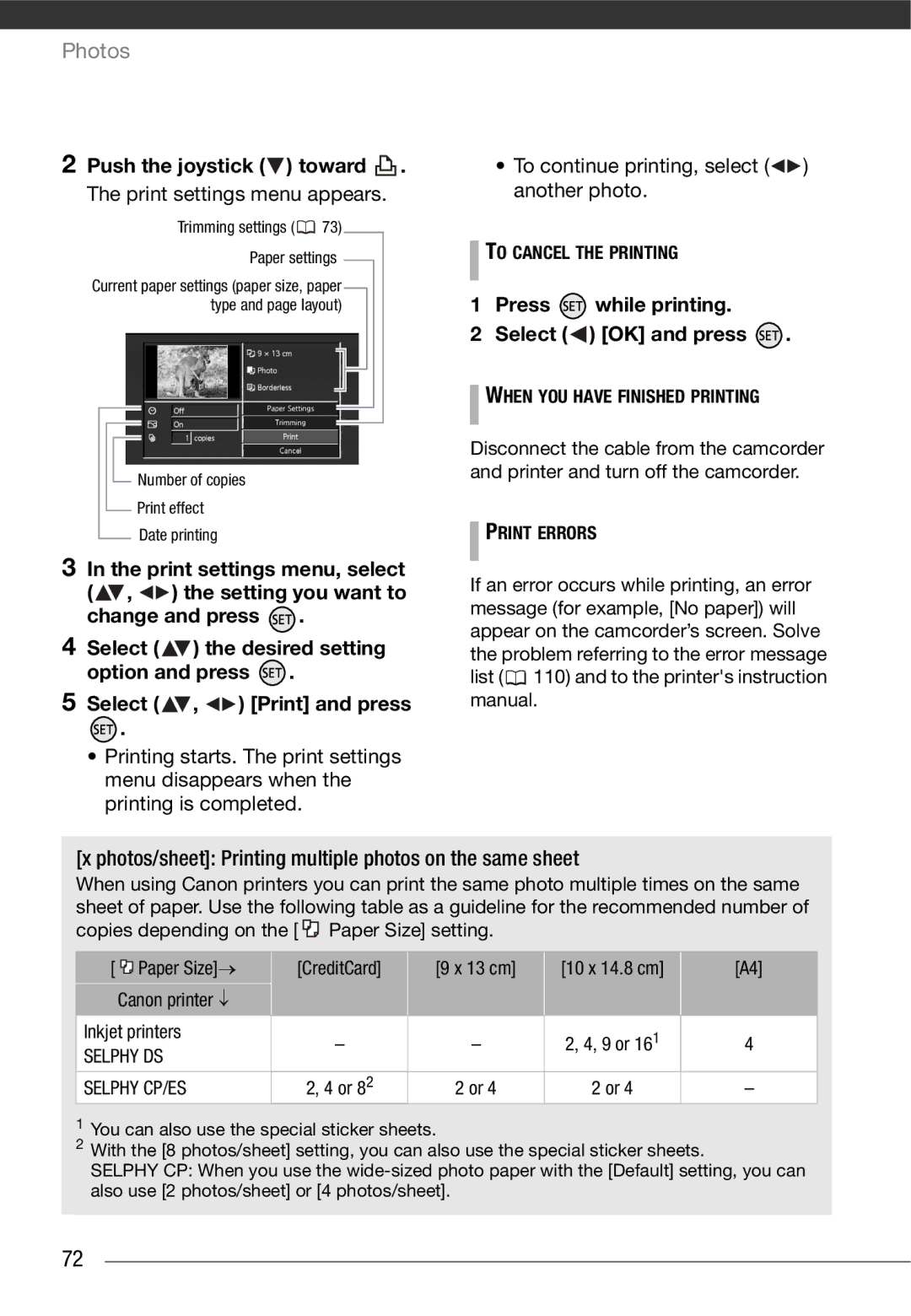 Cannon HG20 Press while printing Select OK and press, Photos/sheet Printing multiple photos on the same sheet 