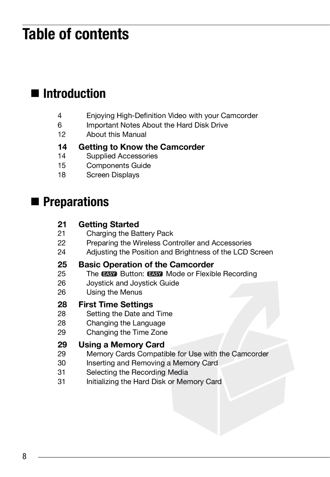 Cannon HG20 instruction manual Table of contents 