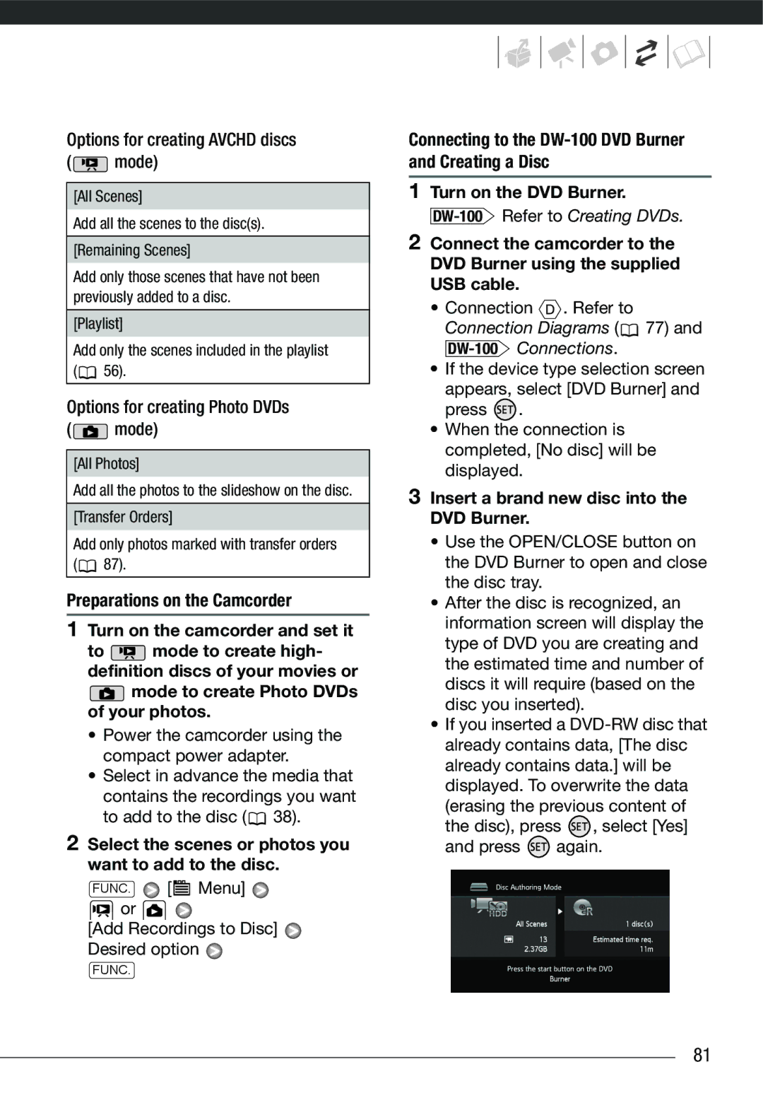 Cannon HG20 Mode to create Photo DVDs of your photos, Select the scenes or photos you want to add to the disc 