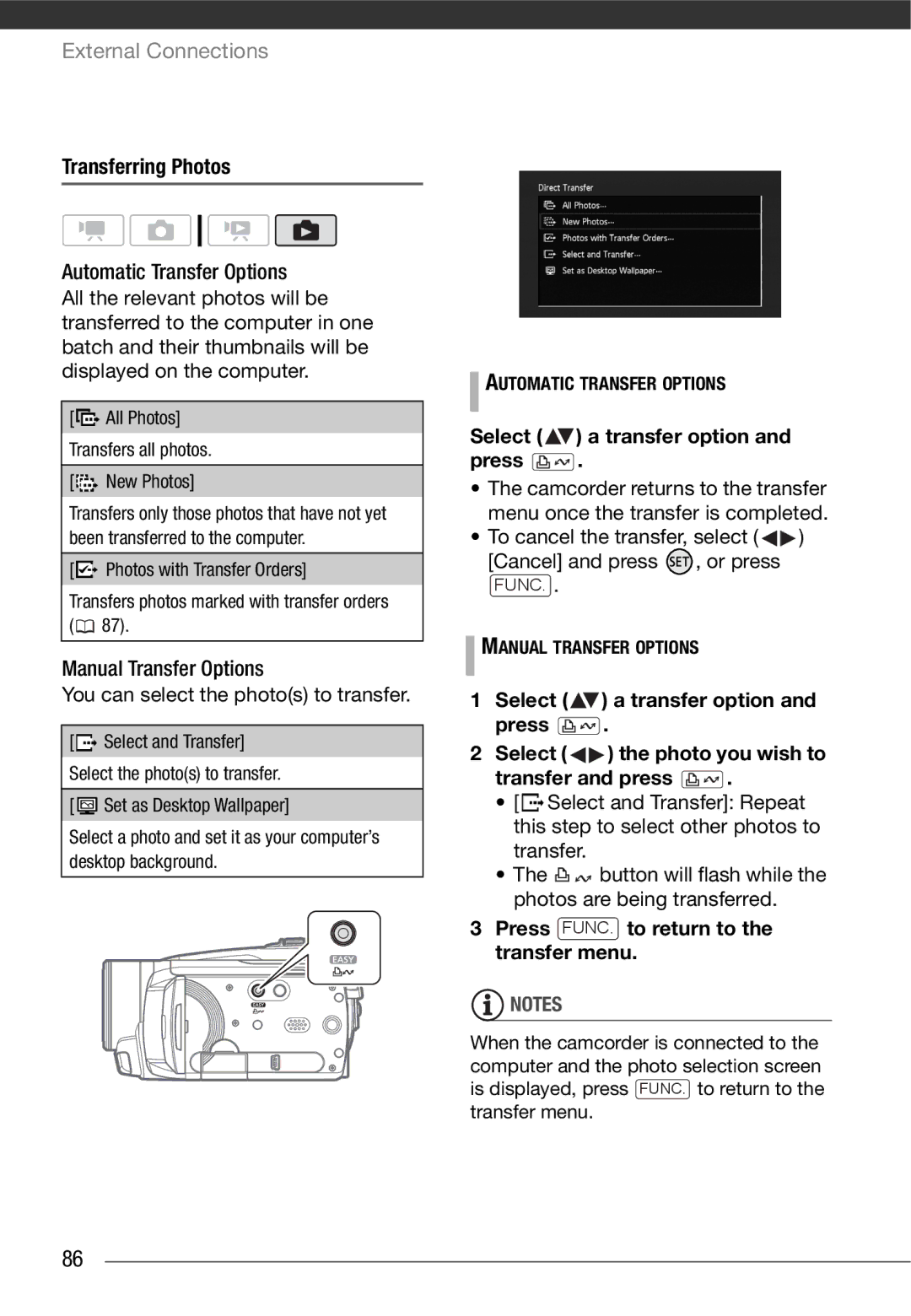 Cannon HG20 Transferring Photos, Select a transfer option Press, Press FUNC. to return to the transfer menu 