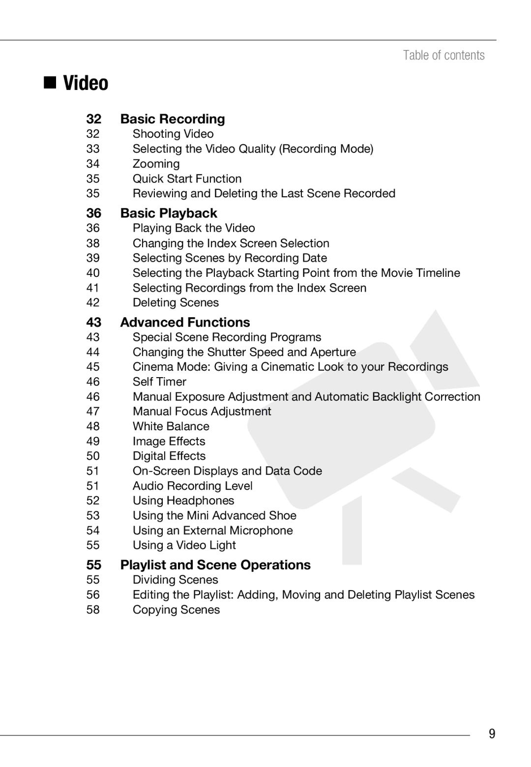 Cannon HG20 instruction manual Basic Recording, Basic Playback, Advanced Functions, Playlist and Scene Operations 