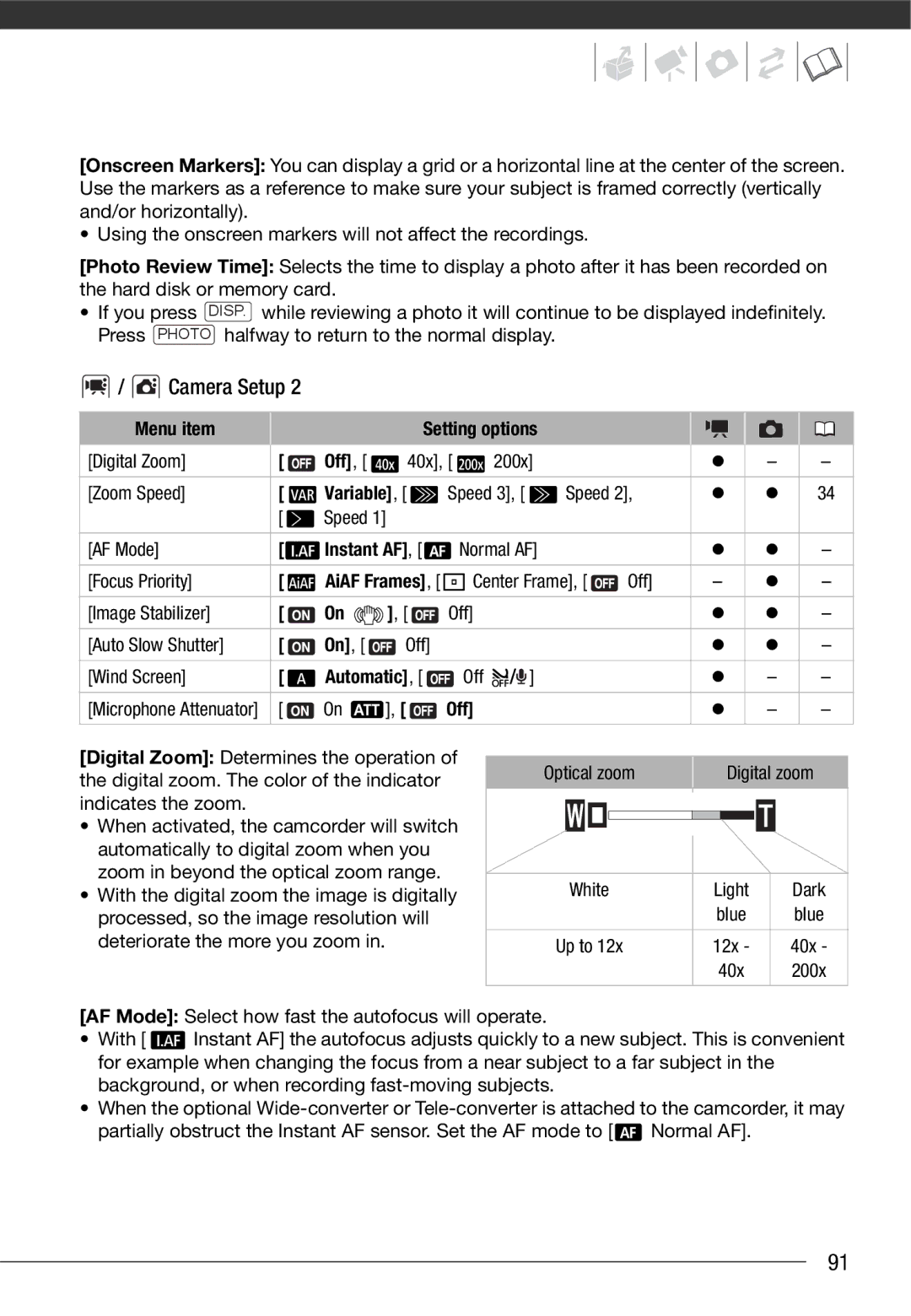 Cannon HG20 instruction manual Variable, Instant AF, Automatic 