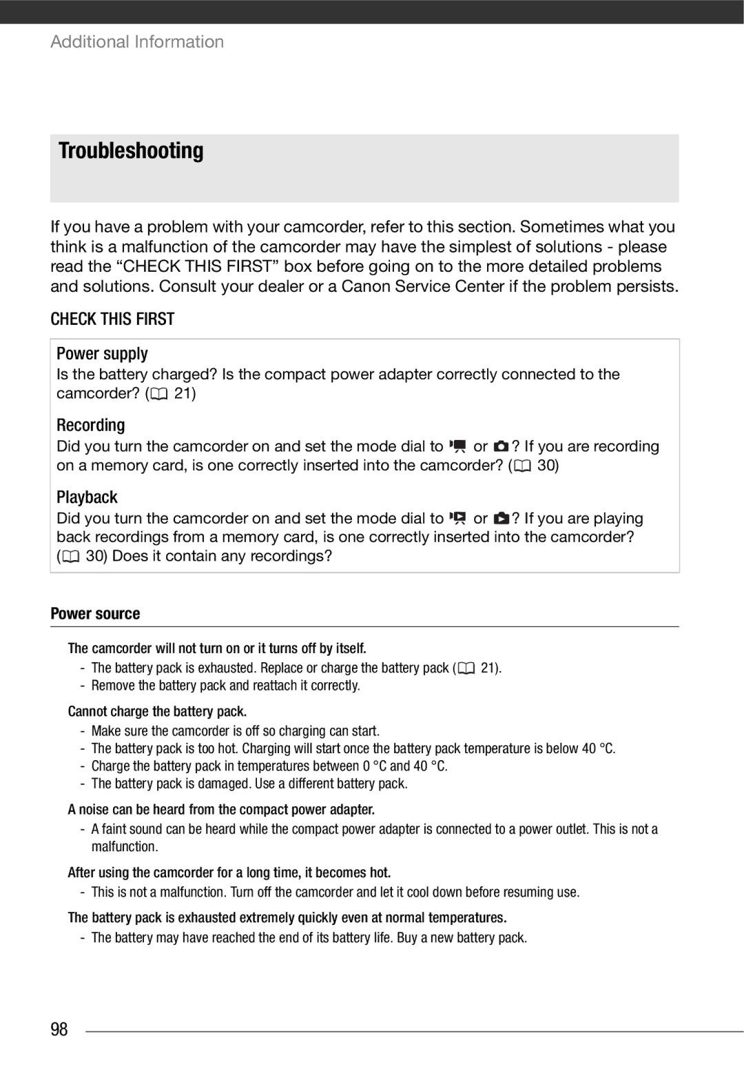 Cannon HG20 instruction manual Troubleshooting, Power supply, Recording, Playback, Power source 